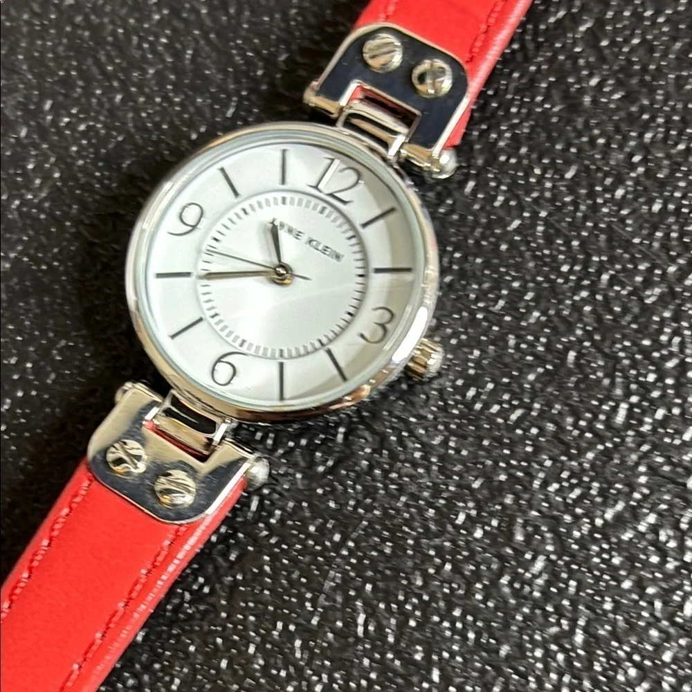 Anne Klein Red Leather Strap Watch Silver Tone Working Dainty​